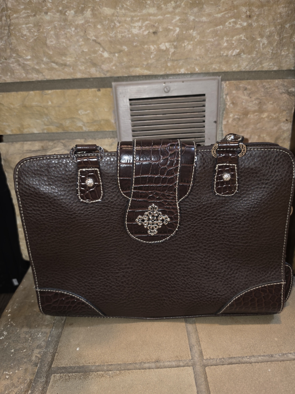 Brighton Croc And Leather Dark Brown Tote with Ornate Metal Accent
